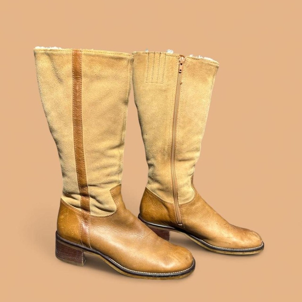 Vintage Tall Riding Boots Tan Leather Suede Shearling Size 9 Brazil P1217V